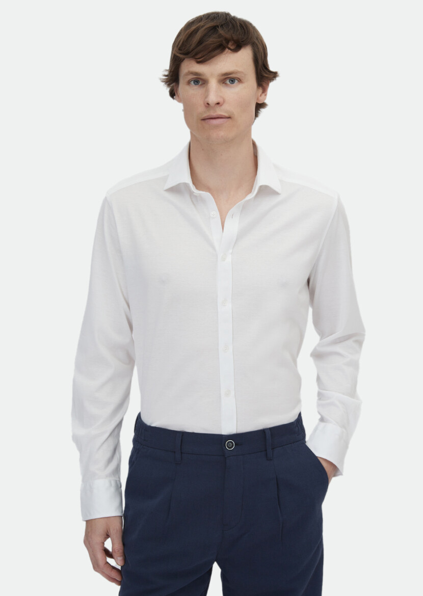Beyaz Düz Regular Fit Uzun Dokuma Klasik %100 Pamuk Gömlek - 3