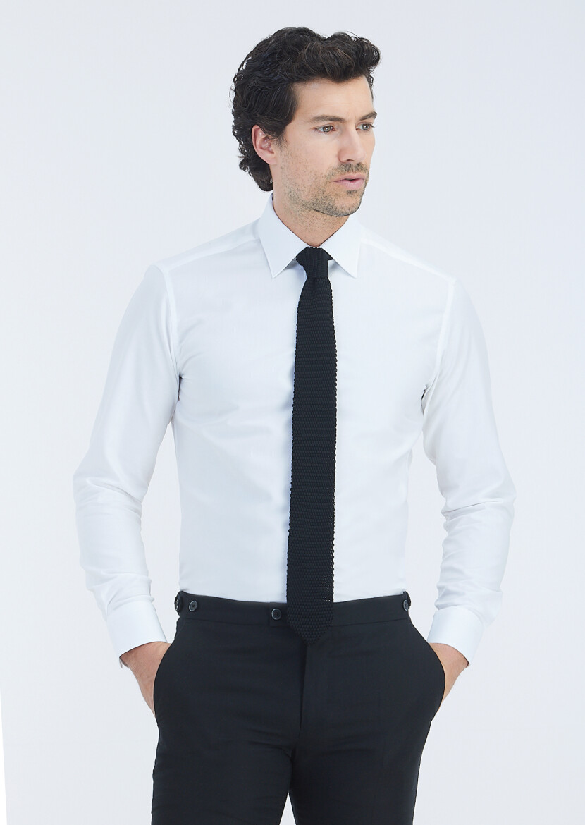 Beyaz Düz Regular Fit Uzun Dokuma Klasik %100 Pamuk Gömlek - 2