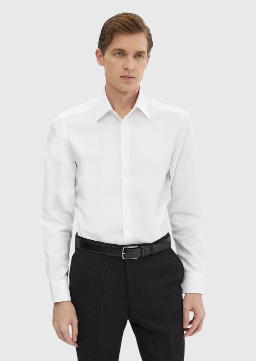 Beyaz Düz Regular Fit Uzun Dokuma Klasik %100 Pamuk Gömlek - 3