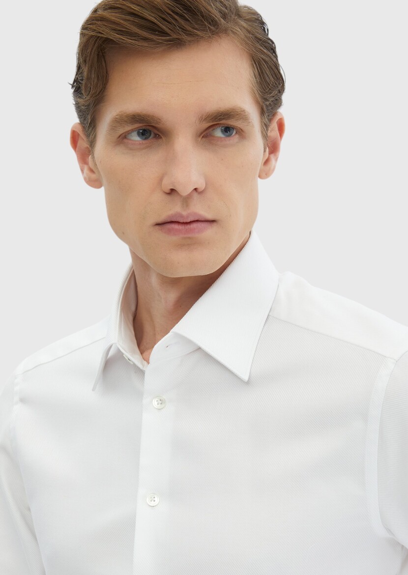 Beyaz Düz Regular Fit Uzun Dokuma Klasik %100 Pamuk Gömlek - 4