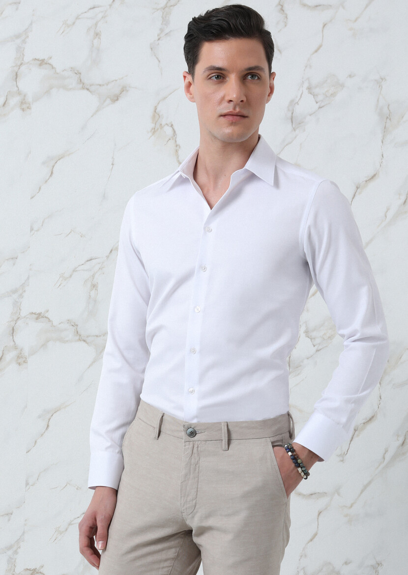 Beyaz Düz Regular Fit Uzun Dokuma Klasik Pamuk Karışımlı Gömlek - 3