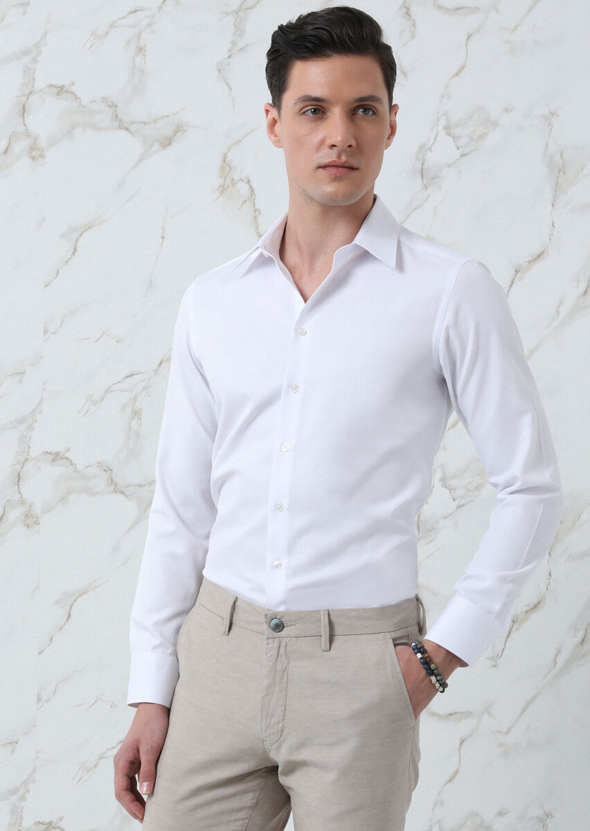 Beyaz Düz Regular Fit Uzun Dokuma Klasik Pamuk Karışımlı Gömlek - 3
