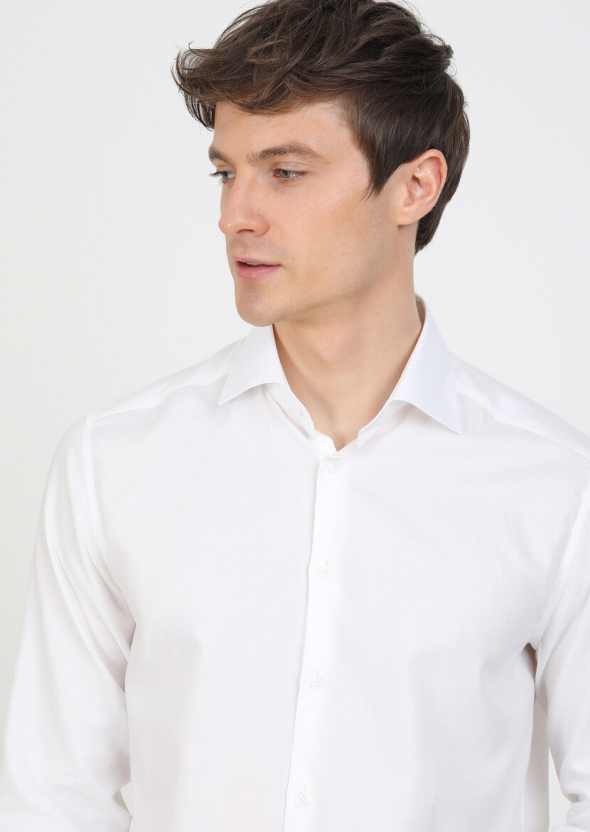 Beyaz Düz Regular Fit Uzun Dokuma Klasik Pamuk Karışımlı Gömlek - 2
