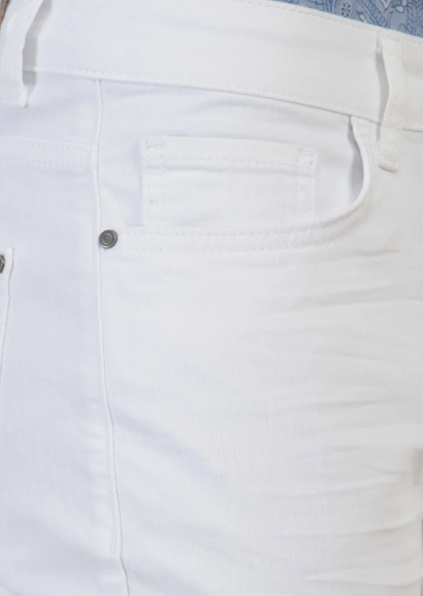 Beyaz Düz Slim Fit Denim Pamuk Karışımlı Pantolon - 4