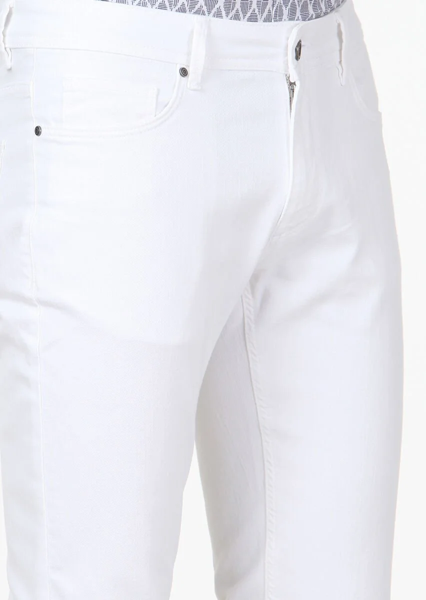 Beyaz Düz Slim Fit Denim Pamuk Karışımlı Pantolon - 3