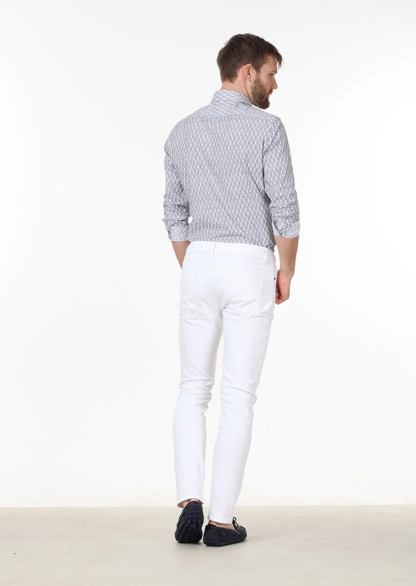 Beyaz Düz Slim Fit Denim Pamuk Karışımlı Pantolon - 4