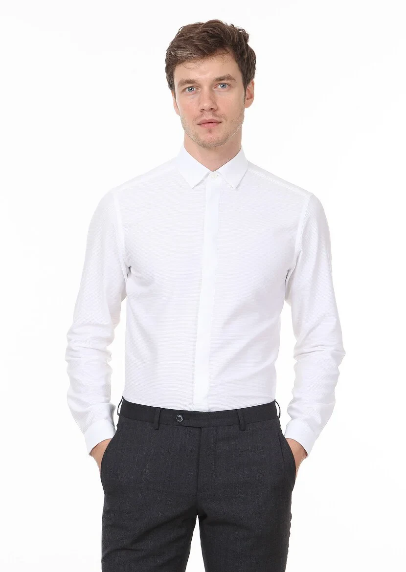 Beyaz Düz Slim Fit Dokuma Casual %100 Pamuk Gömlek - 1