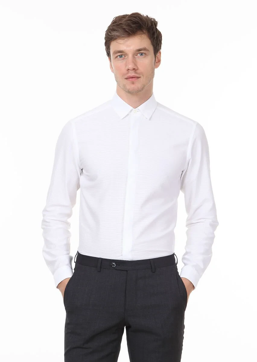 Beyaz Düz Slim Fit Dokuma Casual %100 Pamuk Gömlek - 1