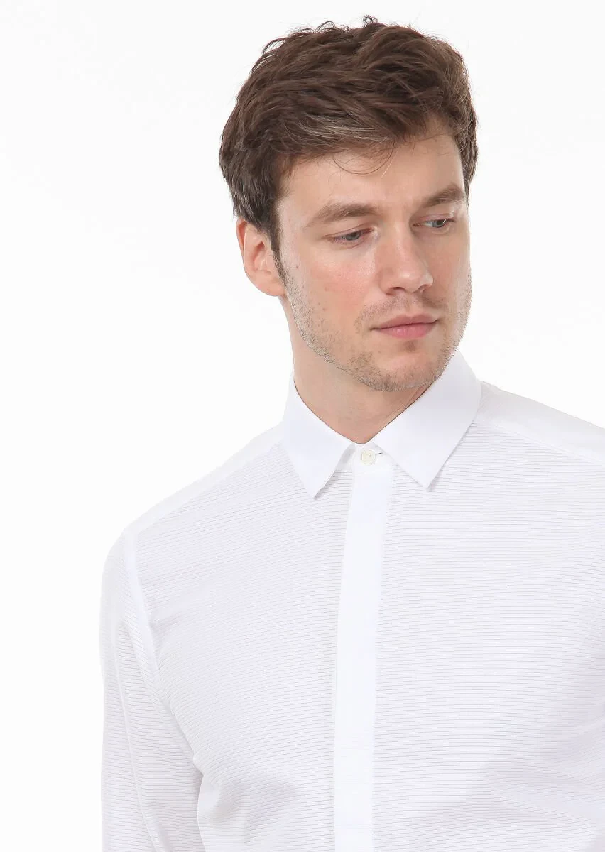 Beyaz Düz Slim Fit Dokuma Casual %100 Pamuk Gömlek - 2