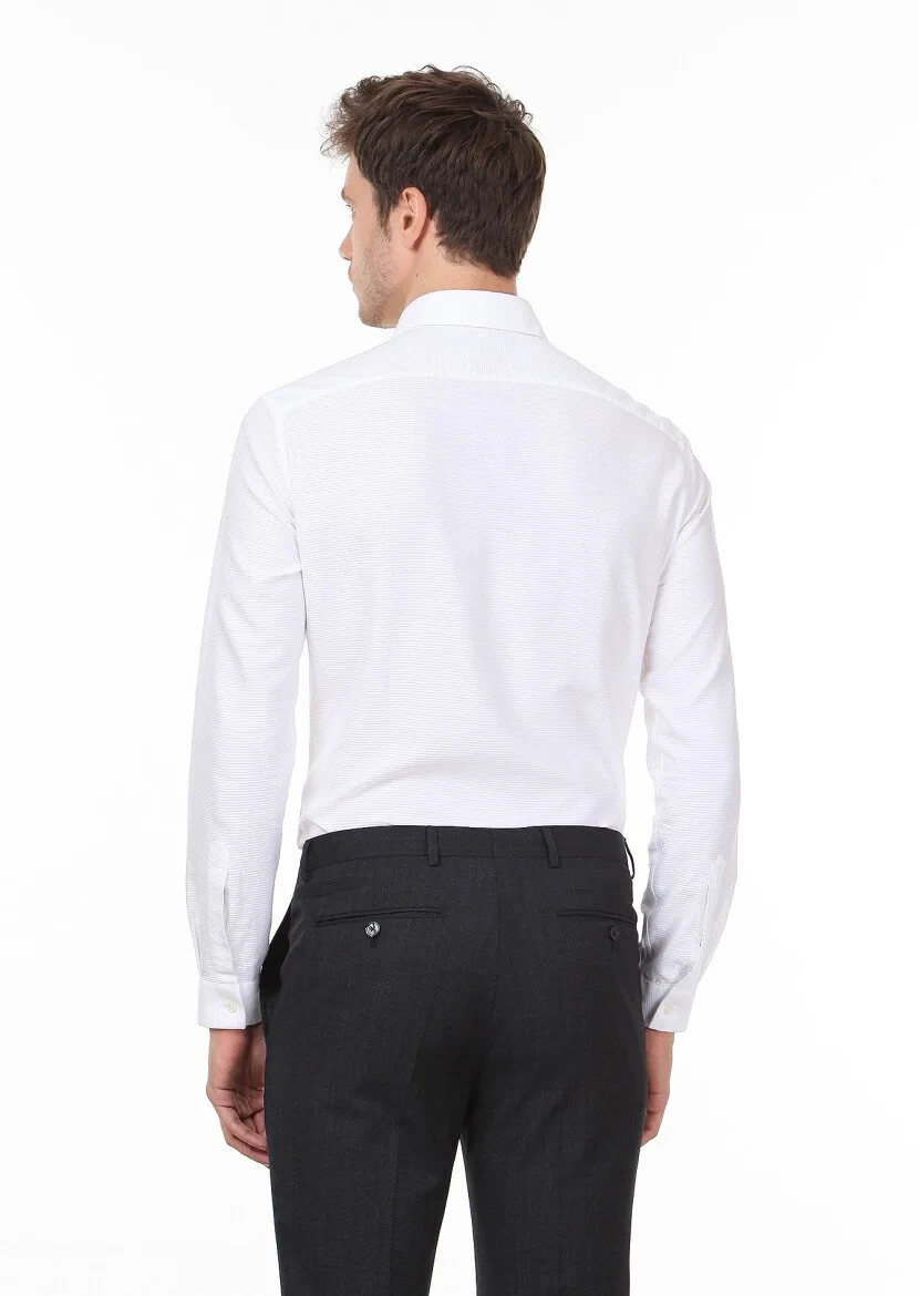 Beyaz Düz Slim Fit Dokuma Casual %100 Pamuk Gömlek - 4