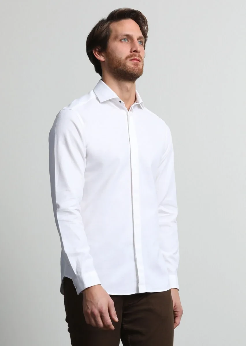 Beyaz Düz Slim Fit Dokuma Casual %100 Pamuk Gömlek - 3