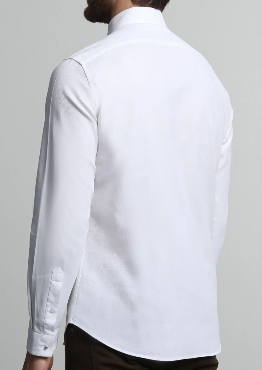 Beyaz Düz Slim Fit Dokuma Casual %100 Pamuk Gömlek - 4
