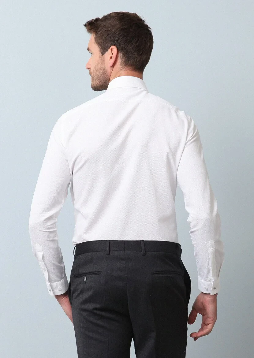 Beyaz Düz Slim Fit Dokuma Casual %100 Pamuk Gömlek - 5