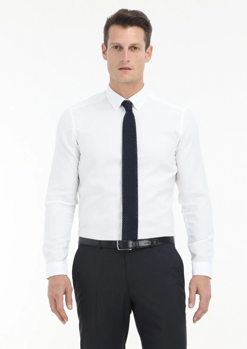 Beyaz Düz Slim Fit Dokuma Casual %100 Pamuk Gömlek - 2