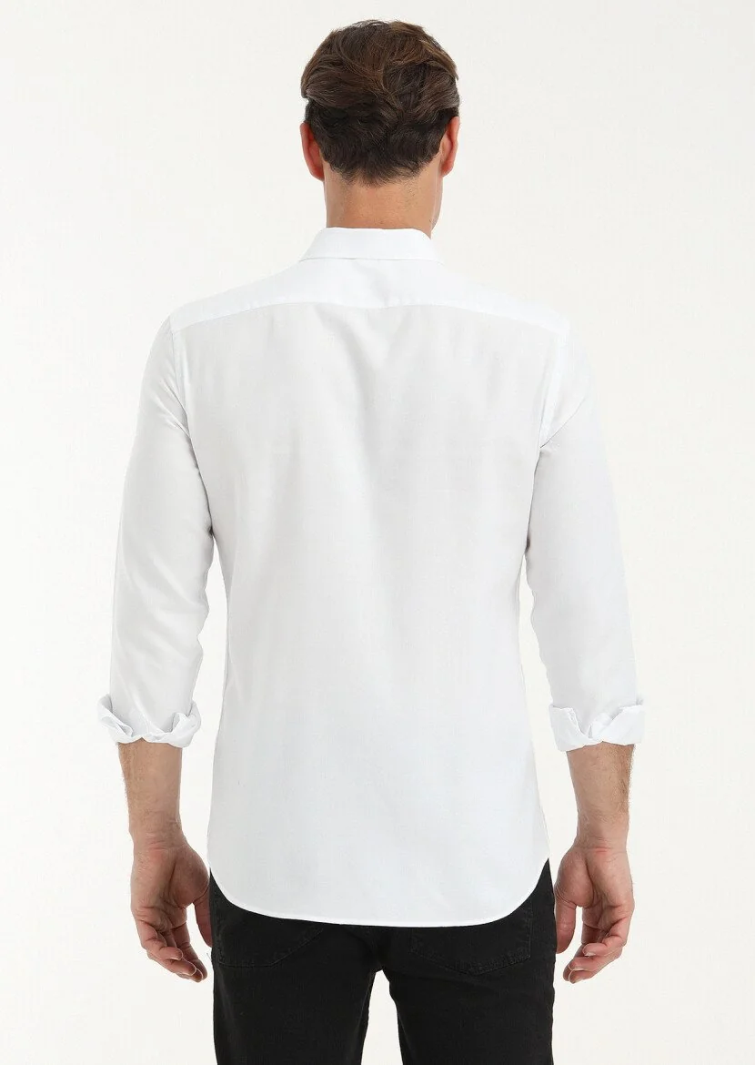 Beyaz Düz Slim Fit Dokuma Casual %100 Pamuk Gömlek - 4