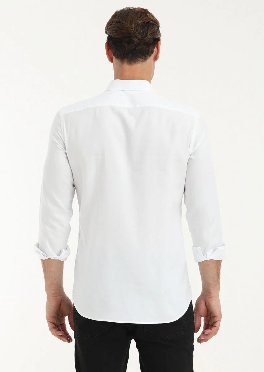 Beyaz Düz Slim Fit Dokuma Casual %100 Pamuk Gömlek - 4