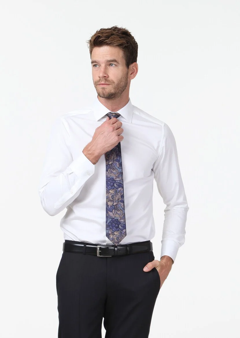Beyaz Düz Slim Fit Dokuma Klasik %100 Pamuk Gömlek - 3