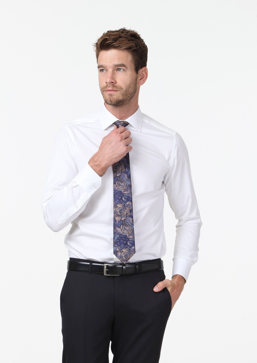 Beyaz Düz Slim Fit Dokuma Klasik %100 Pamuk Gömlek - 1