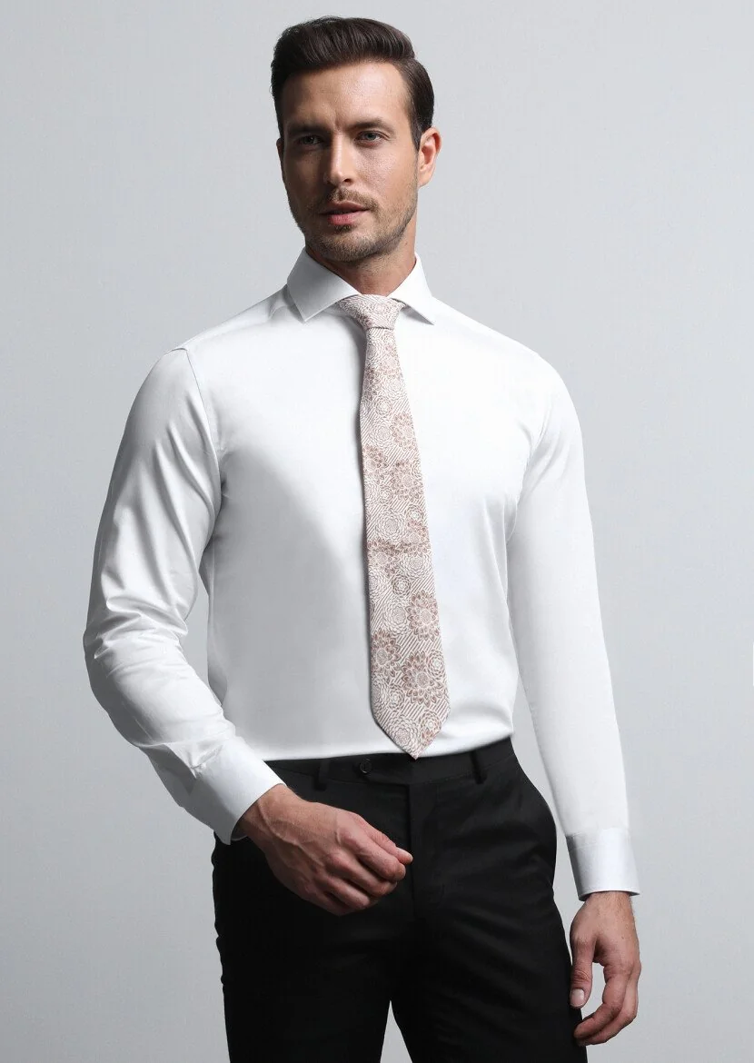 Beyaz Düz Slim Fit Dokuma Klasik %100 Pamuk Gömlek - 1