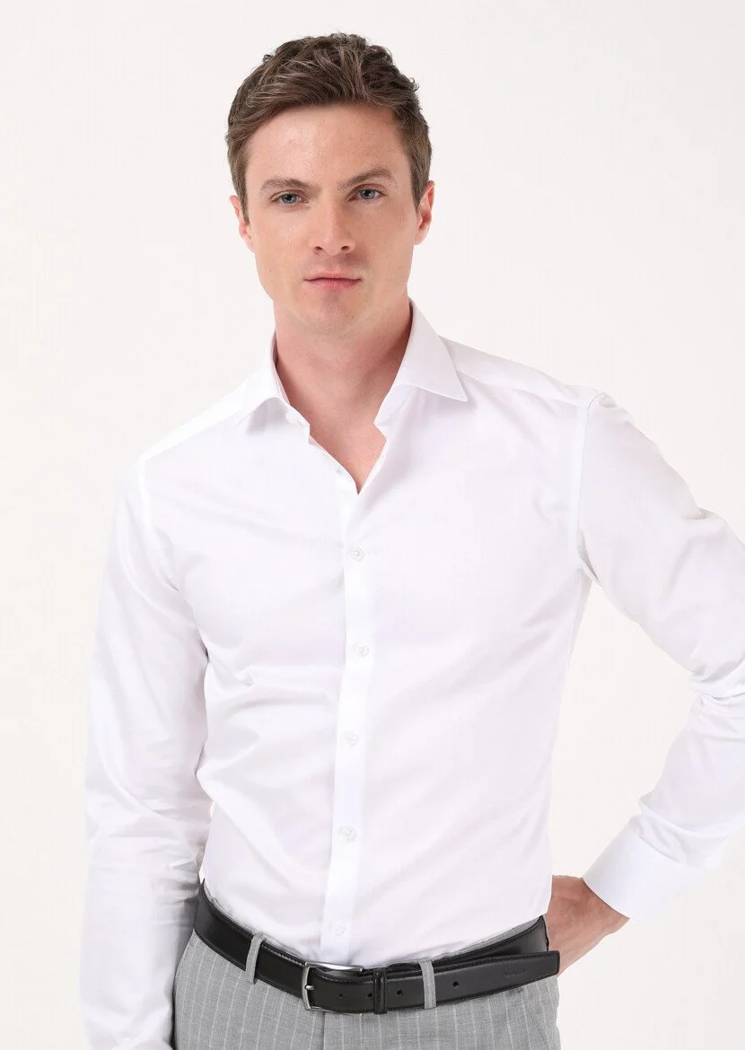 Beyaz Düz Slim Fit Dokuma Klasik %100 Pamuk Gömlek 
