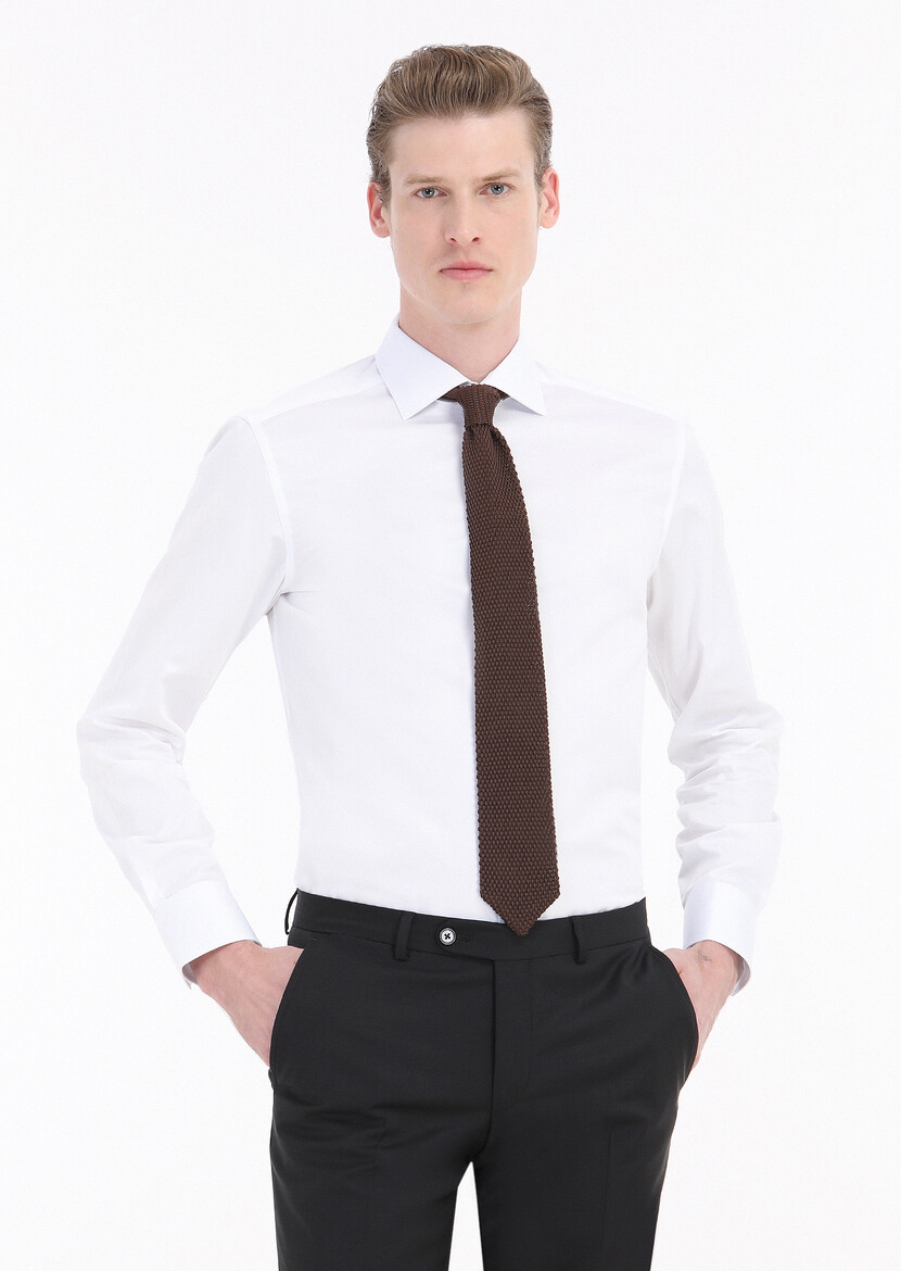 Beyaz Düz Slim Fit Dokuma Klasik %100 Pamuk Gömlek - 2