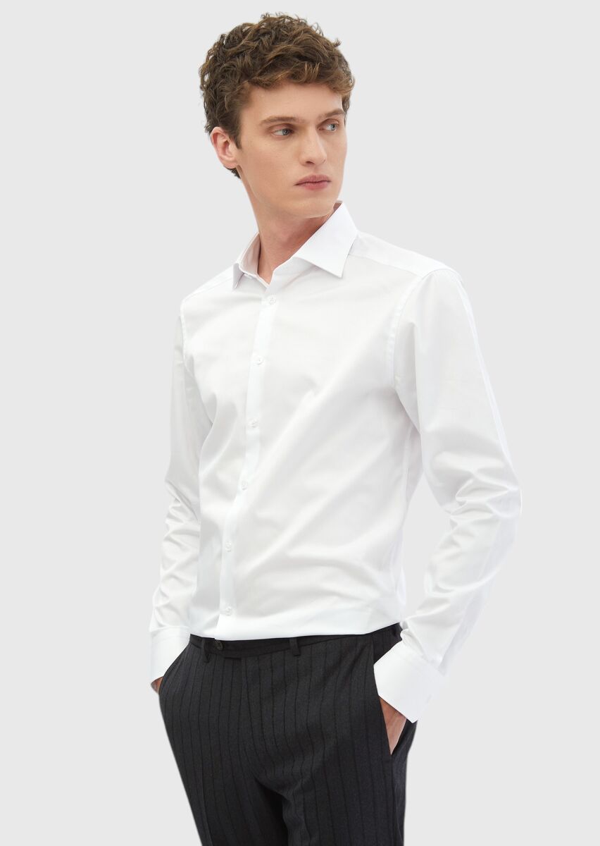 Beyaz Düz Slim Fit Dokuma Klasik %100 Pamuk Gömlek - 1