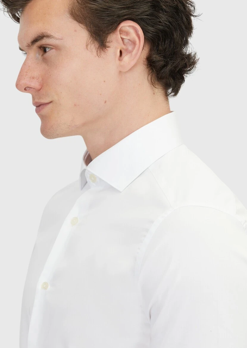 Beyaz Düz Slim Fit Dokuma Klasik %100 Pamuk Gömlek - 3