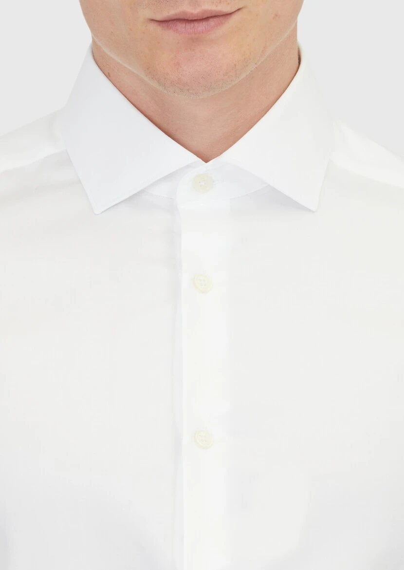 Beyaz Düz Slim Fit Dokuma Klasik %100 Pamuk Gömlek - 4