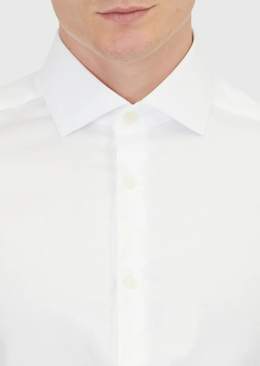 Beyaz Düz Slim Fit Dokuma Klasik %100 Pamuk Gömlek - 4