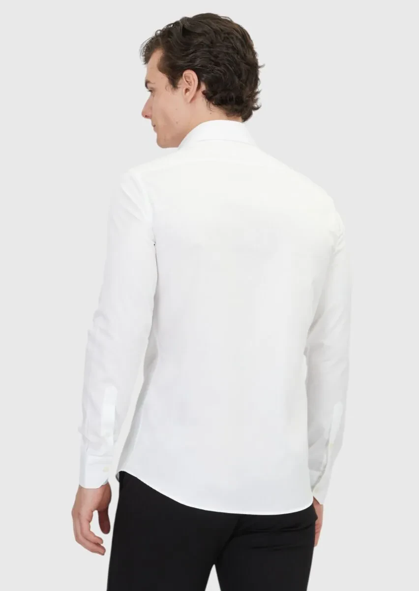 Beyaz Düz Slim Fit Dokuma Klasik %100 Pamuk Gömlek - 5