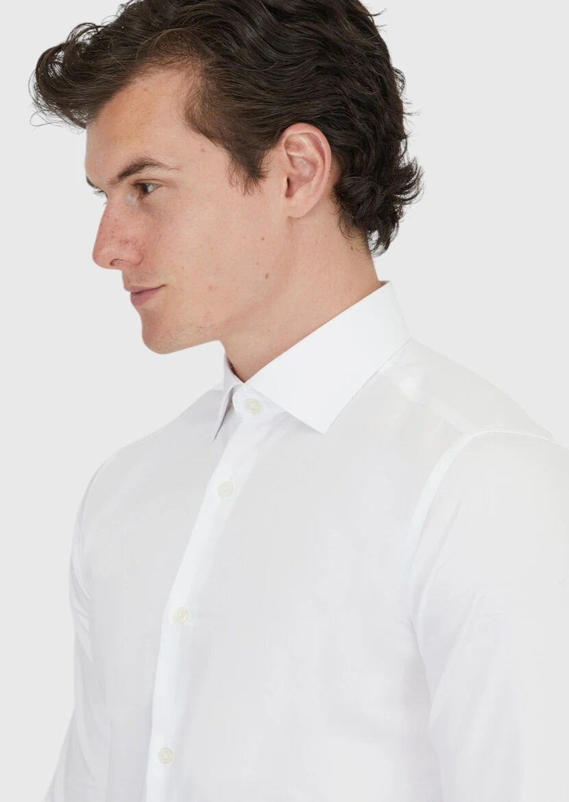 Beyaz Düz Slim Fit Dokuma Klasik %100 Pamuk Gömlek - 4