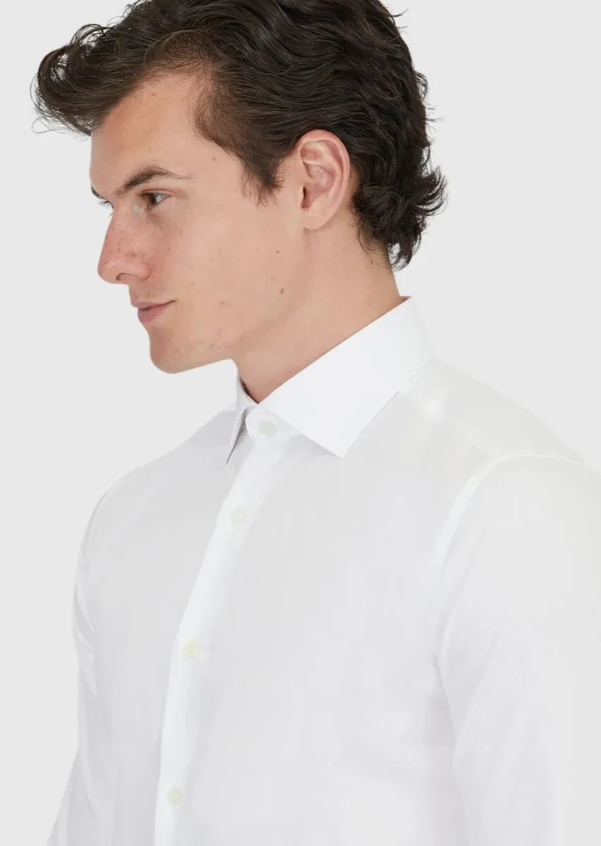 Beyaz Düz Slim Fit Dokuma Klasik %100 Pamuk Gömlek - 4