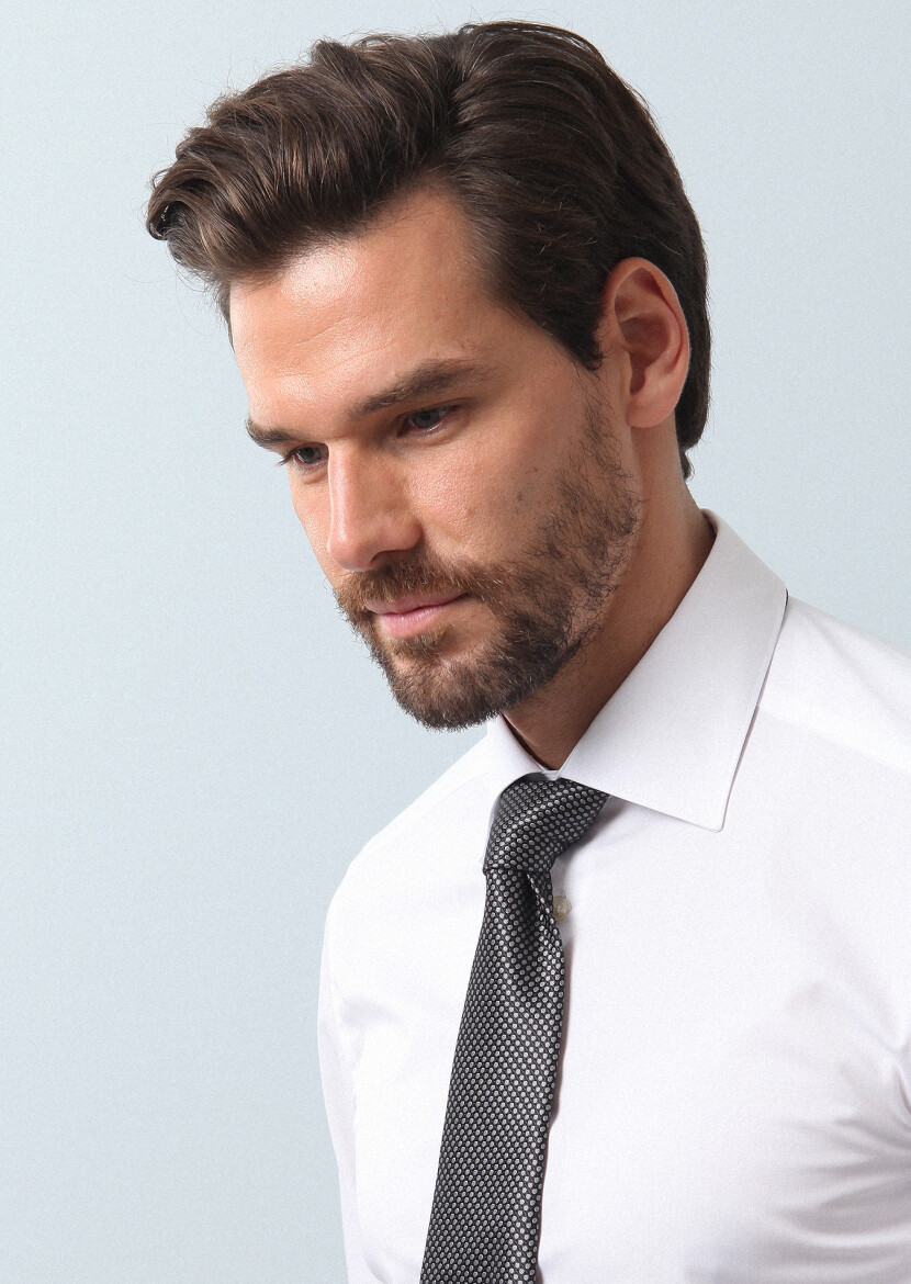 Beyaz Düz Slim Fit Dokuma Klasik Pamuk Karışımlı Gömlek 
