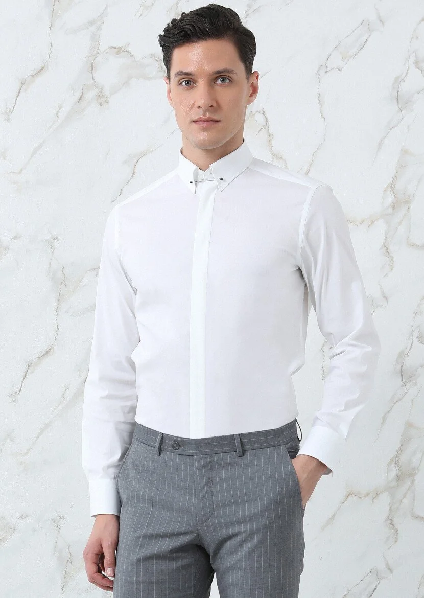 Beyaz Düz Slim Fit Dokuma Klasik Pamuk Karışımlı Gömlek - 1