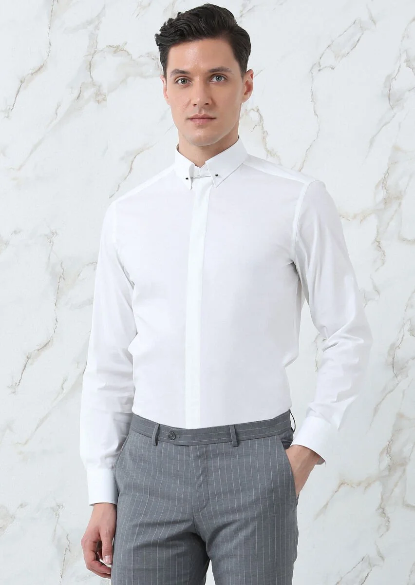 Beyaz Düz Slim Fit Dokuma Klasik Pamuk Karışımlı Gömlek - 1