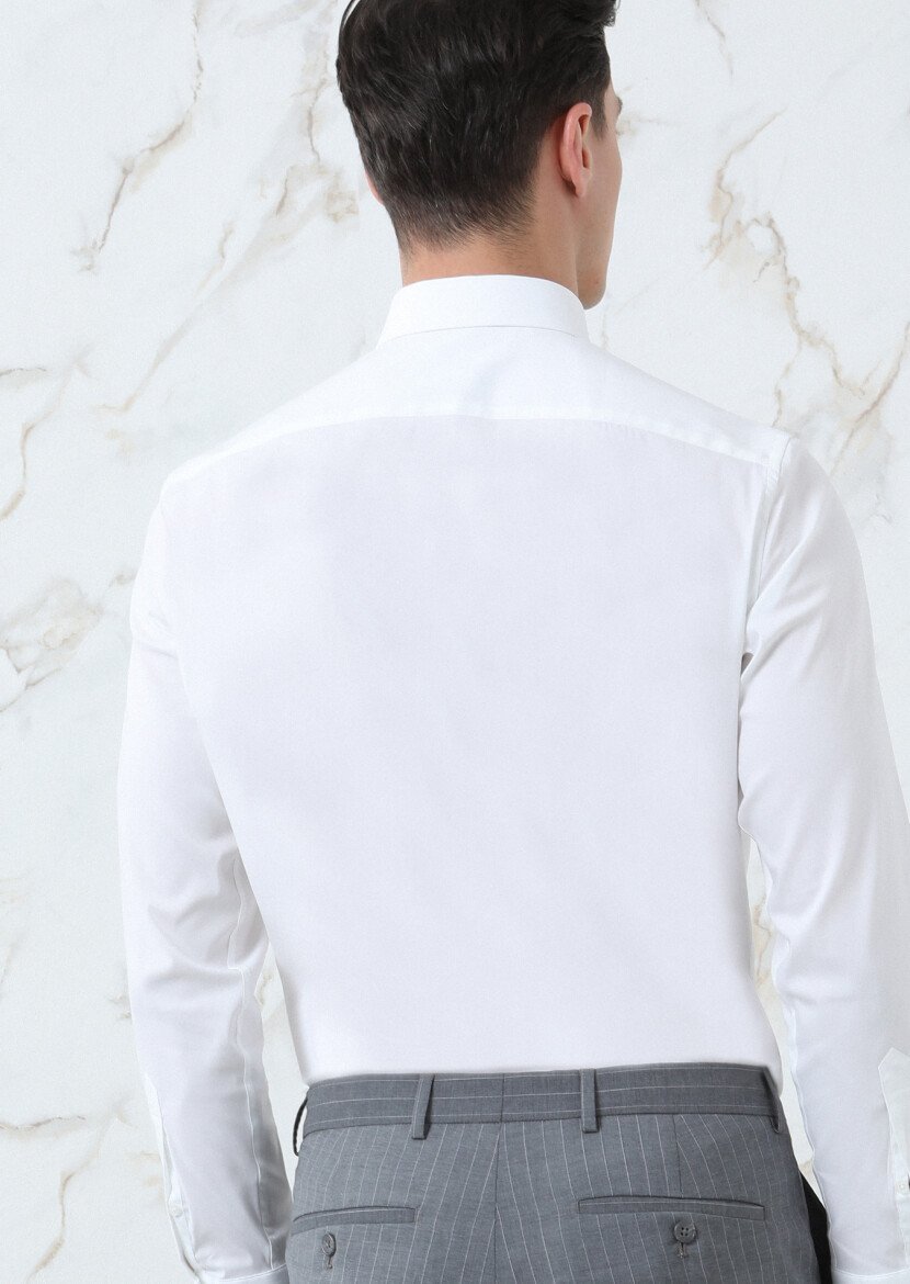 Beyaz Düz Slim Fit Dokuma Klasik Pamuk Karışımlı Gömlek - 5