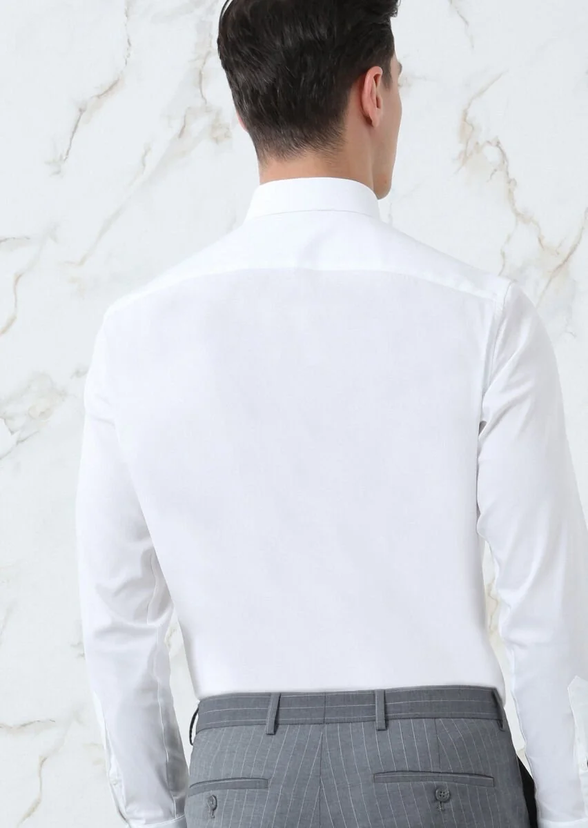 Beyaz Düz Slim Fit Dokuma Klasik Pamuk Karışımlı Gömlek - 5