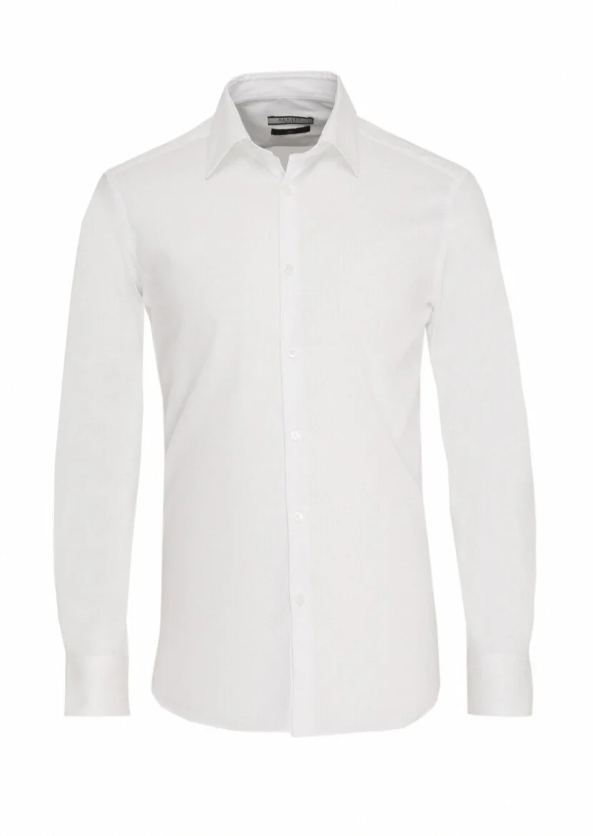 Beyaz Düz Slim Fit Dokuma Klasik Pamuk Karışımlı Gömlek - 1