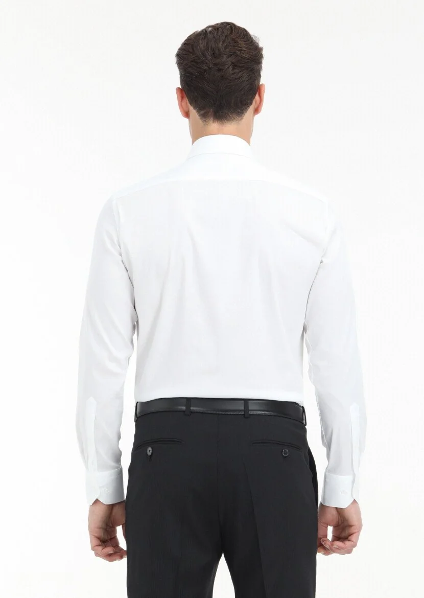 Beyaz Düz Slim Fit Dokuma Klasik Pamuk Karışımlı Gömlek - 5