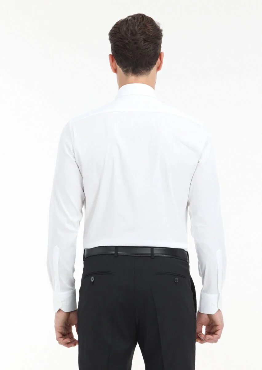 Beyaz Düz Slim Fit Dokuma Klasik Pamuk Karışımlı Gömlek - 5
