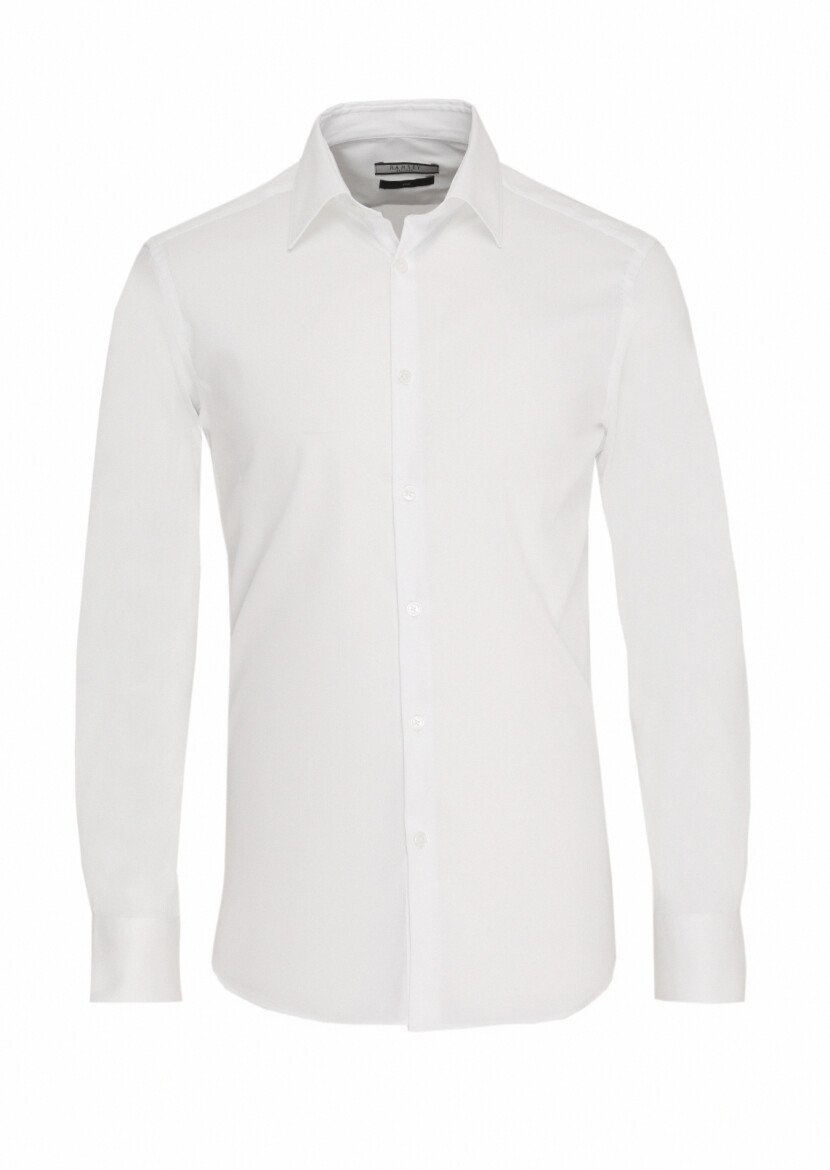Beyaz Düz Slim Fit Dokuma Klasik Pamuk Karışımlı Gömlek - 6
