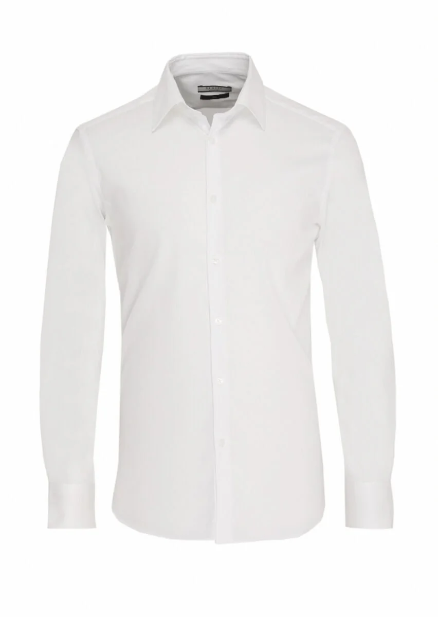 Beyaz Düz Slim Fit Dokuma Klasik Pamuk Karışımlı Gömlek - 6