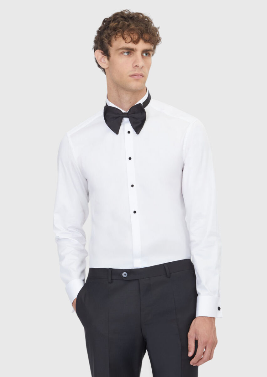 Beyaz Düz Slim Fit Duble Manşet Smokin Gömlek - 1