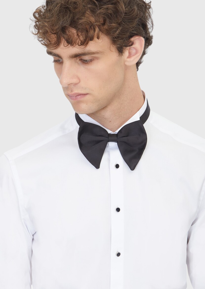 Beyaz Düz Slim Fit Duble Manşet Smokin Gömlek - 3