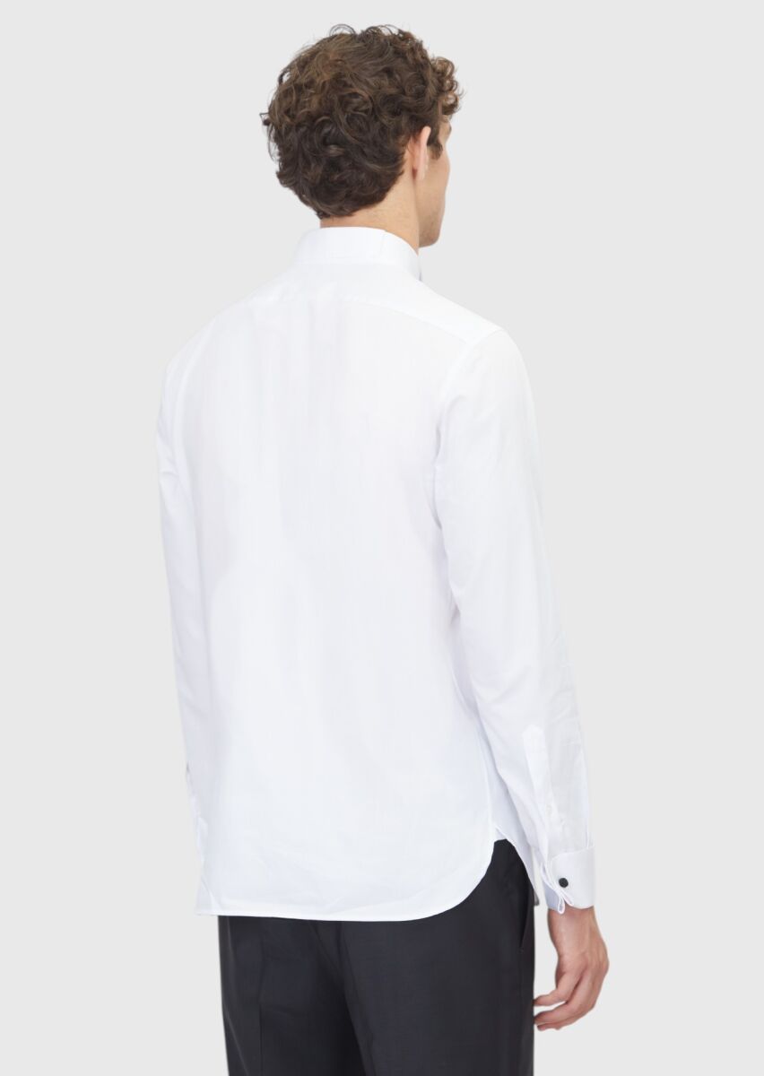 Beyaz Düz Slim Fit Duble Manşet Smokin Gömlek - 4