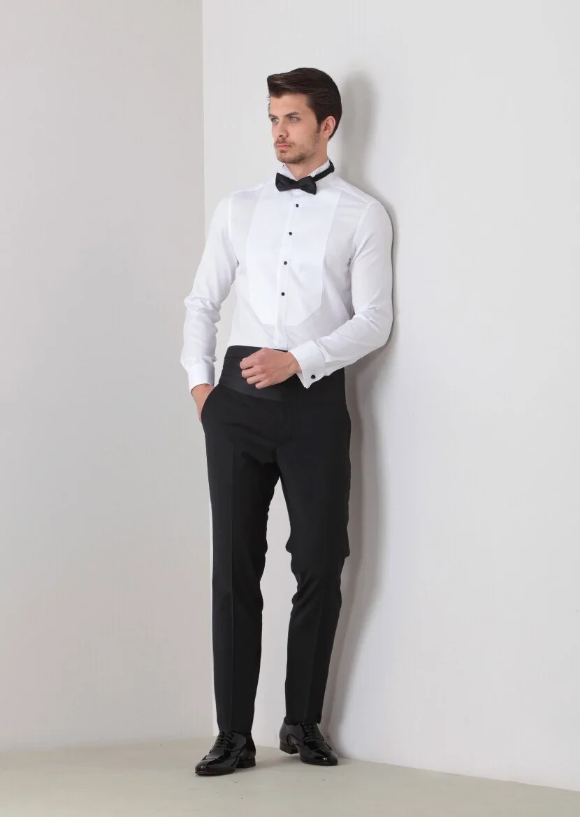 Beyaz Düz Slim Fit Duble Manşet Ata Yaka Smokin Gömlek - 1