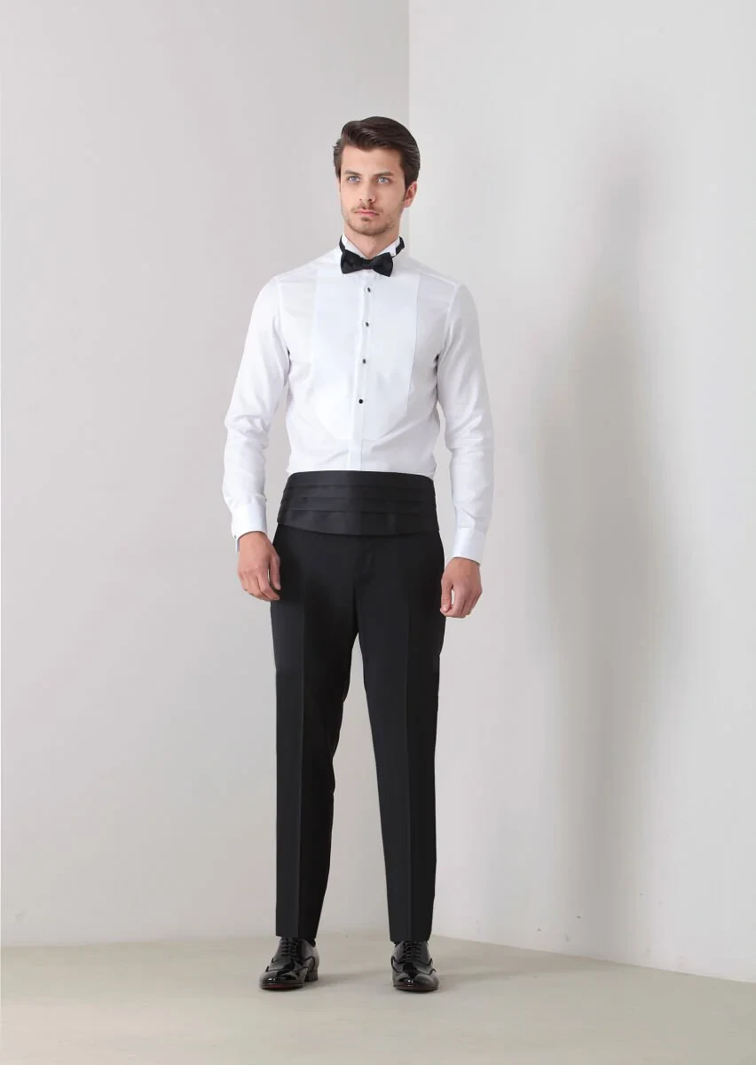 Beyaz Düz Slim Fit Duble Manşet Ata Yaka Smokin Gömlek - 2