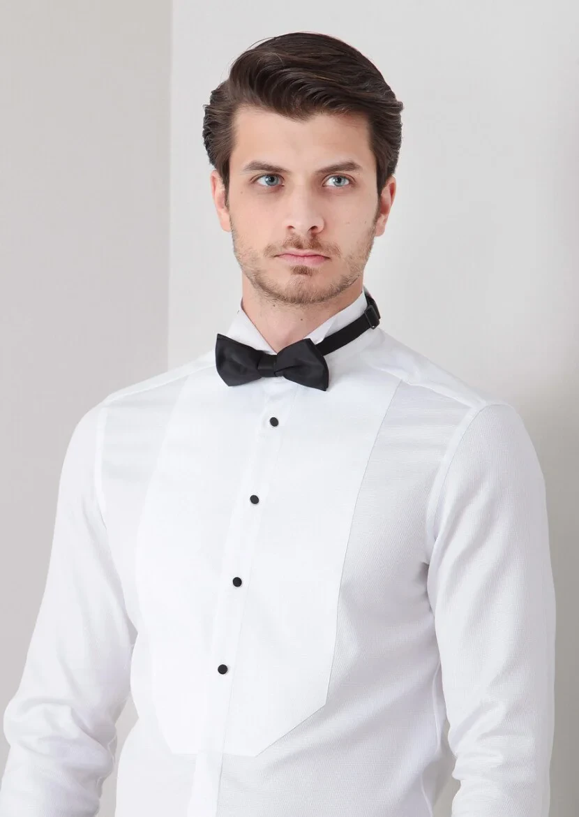 Beyaz Düz Slim Fit Duble Manşet Ata Yaka Smokin Gömlek - 3
