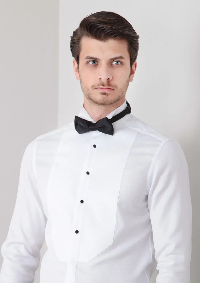 Beyaz Düz Slim Fit Duble Manşet Ata Yaka Smokin Gömlek - 3