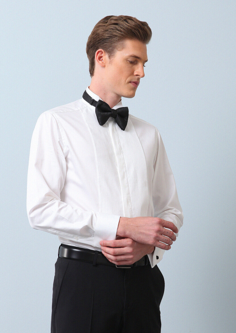 Beyaz Düz Slim Fit Duble Manşet Ata Yaka Smokin Gömlek - 1